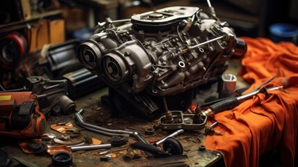 Fototapeta na wymiar Car Engine Repair and Valve Adjustment Process