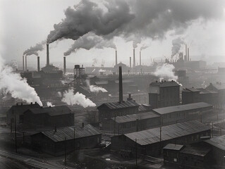 A bustling city street with factories, smokestacks, and crowded sidewalks during the Industrial Revolution.