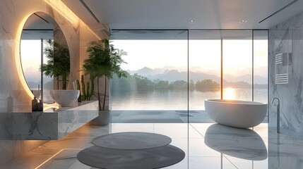 Modern high fashion bathroom with vanity in Gray marble, flooring to ceiling window, lake outside. Generative AI. - obrazy, fototapety, plakaty