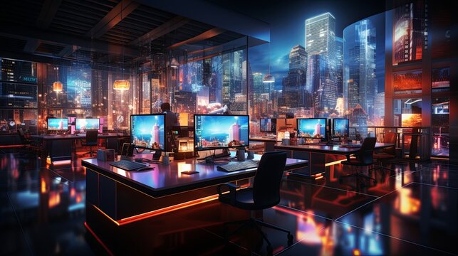 Futuristic business office with digital smart technology and laptop background