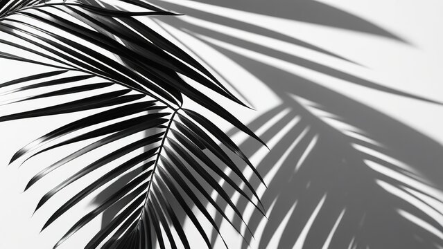 Palm leaves on a white background. Light and shadow of leaves, Abstract silhouette of tropical leaves, natural wallpaper pattern, spring, summer texture,