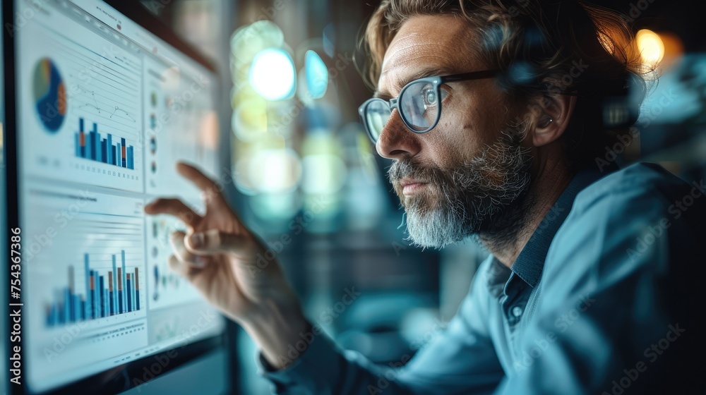 Canvas Prints Man in glasses working with computer monitor, showing a modern website page. Generative AI.