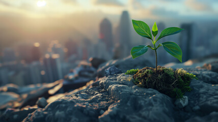 the plant grows in the stone. victory over the difficulties of life, motivation to achieve goals of success, personal growth. Concept of success and achieving goals