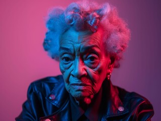 An elderly multiracial woman wearing a black leather jacket poses for the camera