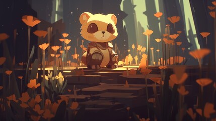 Watercolor illustration featuring a panda in a blooming meadow scene from an animated movie