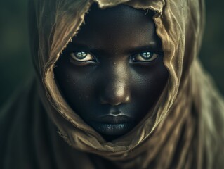 A multiracial person with a hood covering their head, revealing stunning blue eyes