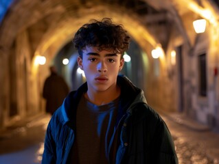 A multiracial young man is standing in a tunnel, surrounded by shadows and concrete walls - Powered by Adobe