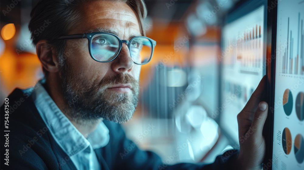 Fototapete Man in glasses working with computer monitor, showing a modern website page. Generative AI.