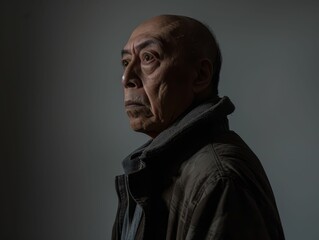 A multiracial man wearing a jacket stands and looks off into the distance