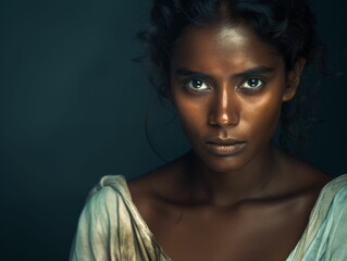 A woman with dark skin and striking green eyes is the main focus of the portrait - Powered by Adobe