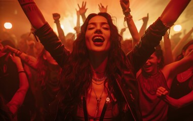 A multiracial woman with her arms raised high in the air, expressing joy and celebration