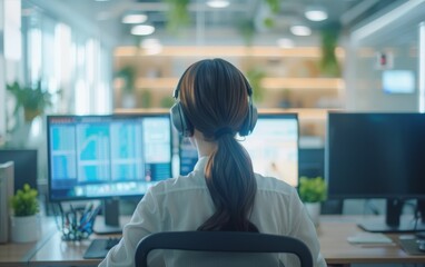 A multiracial woman is seated at a desk, wearing headphones