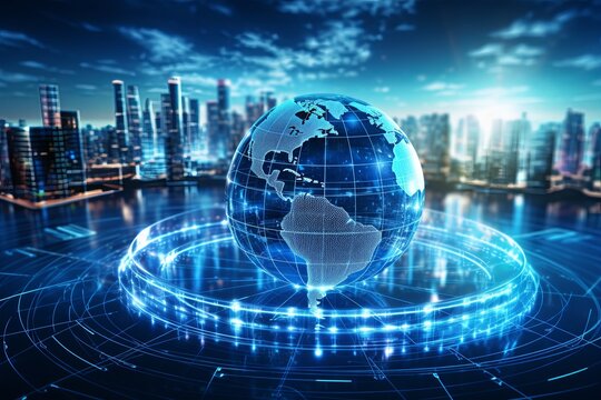 Futuristic digital technology network background with Night city world map big data transfer global communication