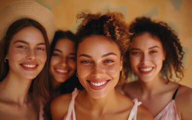 Fototapeta premium A diverse group of women of different ethnicities standing side by side in a row