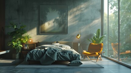 Modern bedroom interior design. Bedroom in scandinavian style - obrazy, fototapety, plakaty