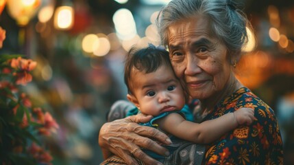 An older woman holds a baby tenderly in her arms, both looking at each other with expressions of love and care