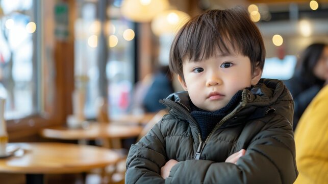 A young boy of mixed race stands inside a restaurant, his arms crossed in a confident pose