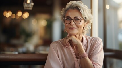 A multiracial woman wearing glasses sitting at a table - Powered by Adobe