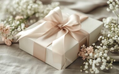 A white present box with a pink bow on top, showcasing a simple and elegant gift wrapped in delicate colors