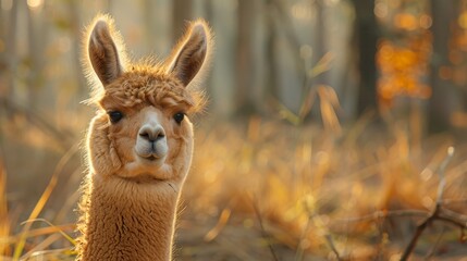 Obraz premium A gentle alpaca's face is illuminated by the warm glow of golden hour light, giving a serene and inviting expression in a natural setting.