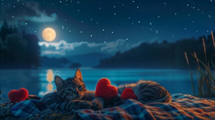 Transport yourself to a starry night by a tranquil lake, where a striped cat and a charming puppy lie on a blanket under the twinkling sky, holding knitted red hearts between their paws.

 - obrazy, fototapety, plakaty