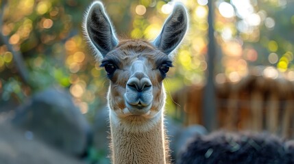 Fototapeta premium A charming portrait of a llama with a soft, inquisitive expression, set against the warm, golden bokeh of an autumn backdrop.