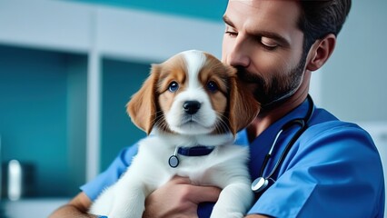 A cute little puppy in the arms of doctors in the veterinary office, treatment and care of pets, a dog at a veterinarian's appointment
