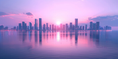 Cityscape Reflection at Sunrise Urban Skyline Mirrored in Water as Sun Ascends in Morning Sky