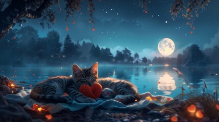 Transport yourself to a starry night by a tranquil lake, where a striped cat and a charming puppy lie on a blanket under the twinkling sky, holding knitted red hearts between their paws.

 - obrazy, fototapety, plakaty