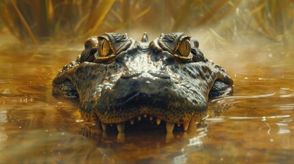 Obraz premium A menacing alligator surfaces in murky water, its eyes and snout focused and alert, capturing a moment of wild anticipation.