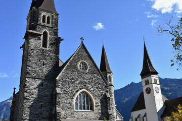 Interlaken Reformed Church, Left, and Bell Tower of Catholic Church at Interlaken Castle and...