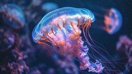 Vibrant jellyfish effortlessly gliding through the deep blue sea, with delicate tentacles trailing behind.