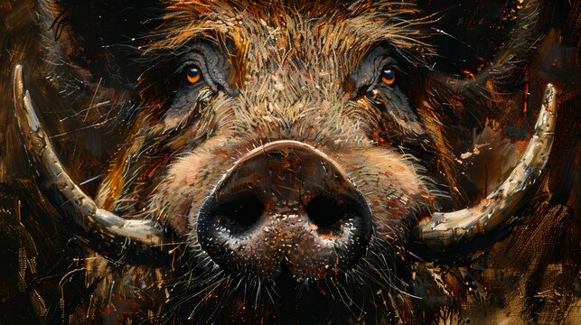 A digital painting captures the wild essence of a boar, with a focus on its tusks and the intensity of its gaze.
