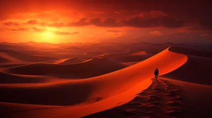 Fotobehang A breathtaking desert sunset casting warm hues across the vast dunes, a lone traveler standing atop a sand ridge, silhouetted against the fading light © malik
