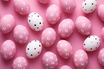 Pink and white Easter eggs over pink background