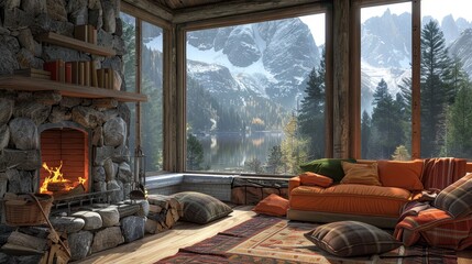A serene mountain cabin living area with a crackling fireplace, plush seating, and breathtaking views of a pristine lake and snowy peaks through a large window.