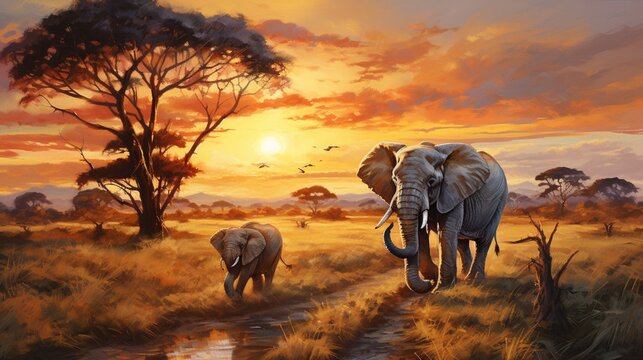 A breathtaking painting depicting a family of majestic elephants traversing the vast savannah at dusk, golden sunlight casting long shadows