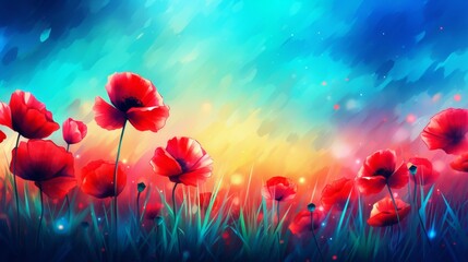 Vibrant watercolor illustration of beautiful blooming poppies on a colorful and cheerful background
