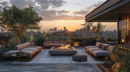 Obraz premium Modern rooftop terrace featuring comfortable lounge seating, a fire pit, and a captivating city skyline view at sunset.