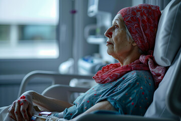 Elderly patient with red headscarf gazing from hospital room. Profound reflection, facing life's challenges concept for design and print - obrazy, fototapety, plakaty