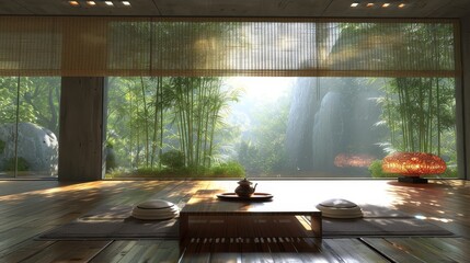 Tranquil Zen-inspired space with large windows offering a serene view of a lush forest, complemented by warm natural lighting.