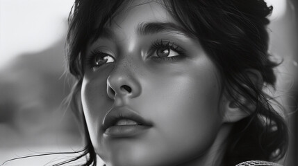 portrait of a woman, beautiful, black and white