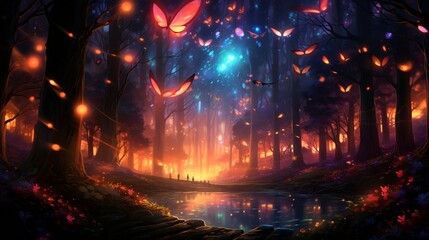 A captivating forest scene at twilight, the sky ablaze with vibrant hues of orange and purple, silhouettes of trees against the colorful backdrop, fireflies dancing in the air