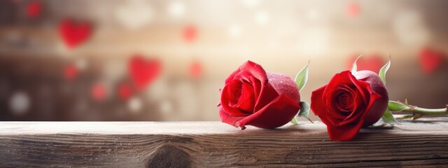 two red roses next to each other on top of a wooden table