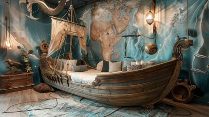 A captivating adventure-themed children's bedroom featuring a sailboat bed, ocean and map wall mural, and whimsical nautical decorations.