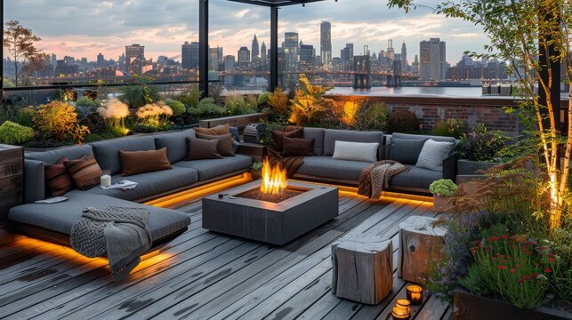 A Cozy Rooftop Lounge Area With Modern Outdoor Furniture, Ambient Fire Pit, And Lush Greenery Overlooking The City Lights.