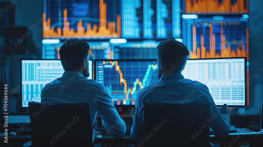 Poster men sitting in front of a computers, trading graphs monitors, blue light. generative ai.