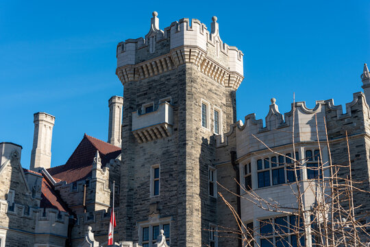 entrance tower at Casa Loma, a grand 1914 castle designed by EJ Lennox for financier Sir Henry Pellatt, located at 1 Austin Terrace in Toronto, Canada