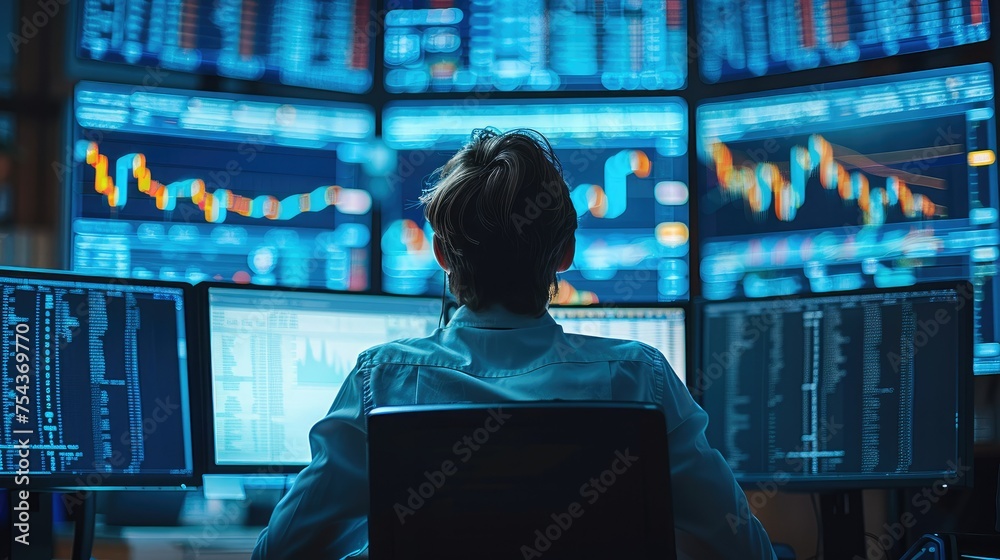 Poster men sitting in front of a computers, trading graphs monitors, blue light. generative ai.