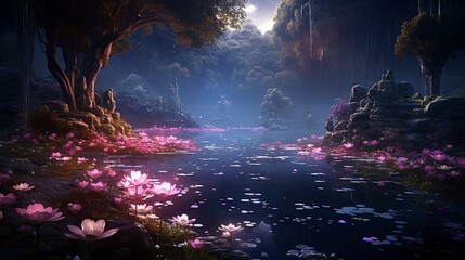 A captivating landscape merging the realms of nature and fantasy, where an ancient forest meets a shimmering lake, the surface reflecting a starry sky